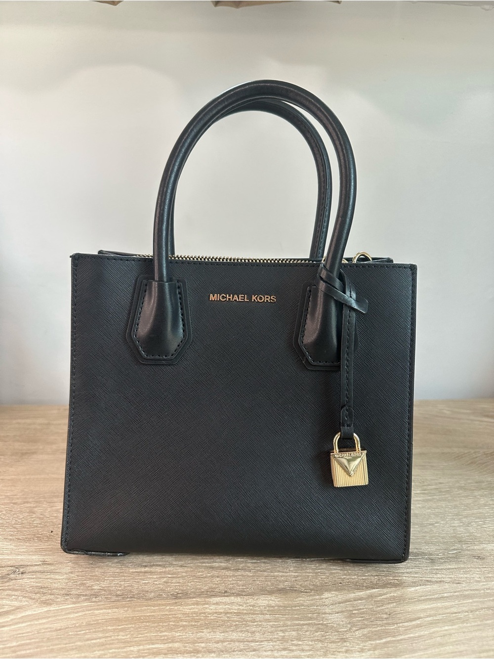 Michael Kors Black Leather Mercer Medium Bag with Gold Accent